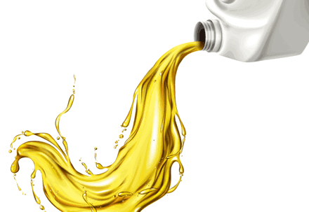 Golden motor oil pouring from container on white background.