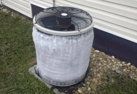 Frozen air conditioning unit outside a building.