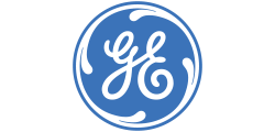 GE logo in blue and white, circular design with stylized G and E.