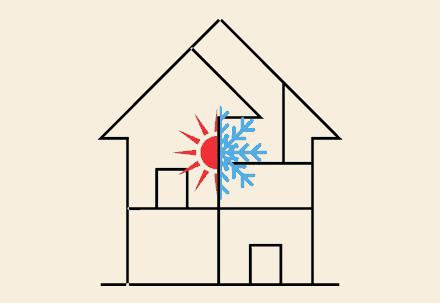 Illustration of a house with sun and snowflake symbols for HVAC.