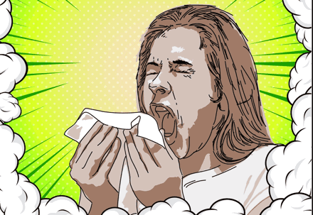 A person sneezing into a tissue, surrounded by cartoon sneeze clouds and a bright green background.